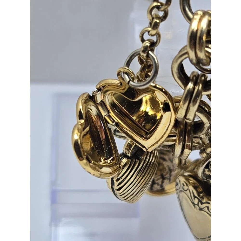 Womens Vintage Gold Tone Hearts Lockets Charms Bracelet Quartz Watch New Battery